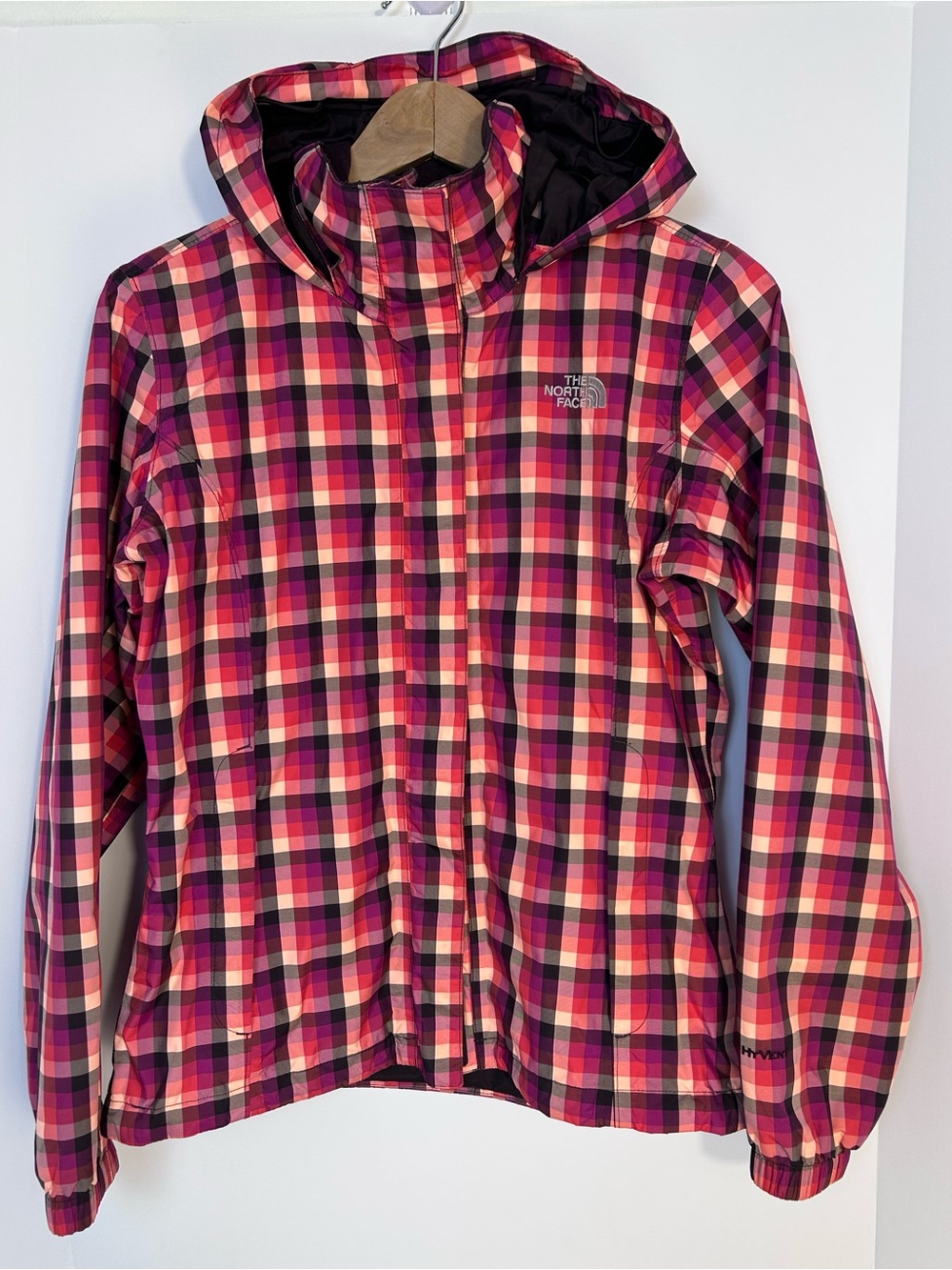 The North Face Women’s S HyVent Plaid Hooded Jacket Pink Purple